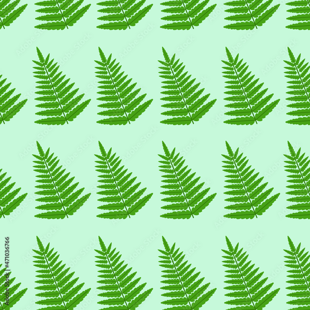 Beautiful green pattern of repeating fern leaves on colored background. Vector illustration. Image for printing on fabric postcards office use as background in menu banners posters