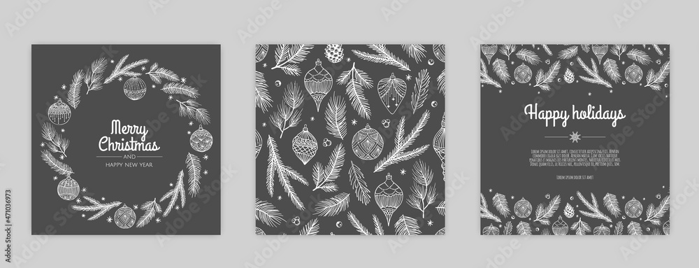 Fototapeta premium Vector Christmas Cards Set. Holiday Party Card Templates Design