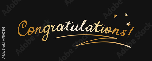 Congrats golden lettering isolated on dark background. Vector illustration with the inscription Congratulations and stars