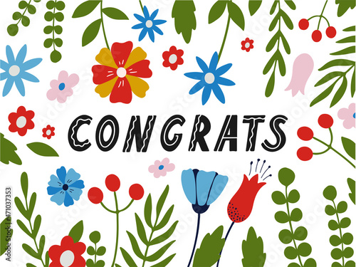 Congrats lettering c with floral decor elements, isolated on white background. Vector illustration with the inscription Congratulations