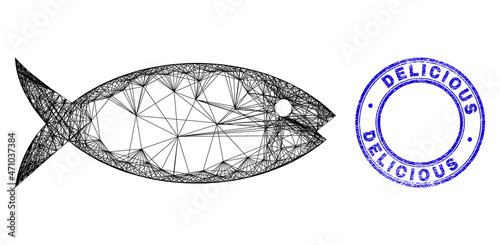 Network irregular mesh fish icon with Delicious Fried Fish scratched round stamp seal. Abstract lines form fish picture. Blue stamp includes Delicious Fried Fish caption inside round form.