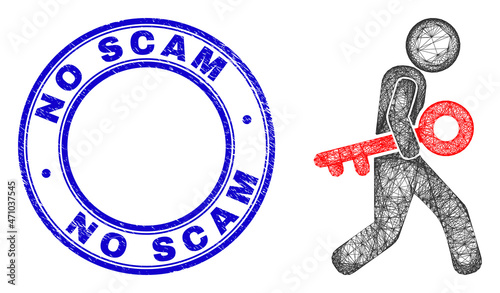 Carcass irregular mesh key burglar icon, and No Scam dirty round stamp. Abstract lines are combined into key burglar illustration. Blue stamp seal has No Scam text inside round form.