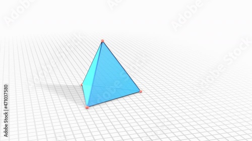 Tetrahedron net folding into a triangular pyramid with 4 triangular faces, 6 straight edges and 4 vertex corners. Platonic solid tetrahedron, 3d animation on white squared paper.