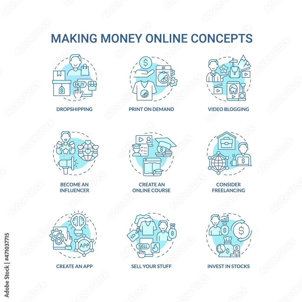 Making money online blue concept icons set. Digital entrepreneurship idea thin line color illustrations. Become influencer. Sell own stuff. Vector isolated outline drawings. Editable stroke
