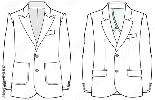 Retro blazer jacket peak lapel neckline two button long sleeve suit flat sketch vector illustration photo