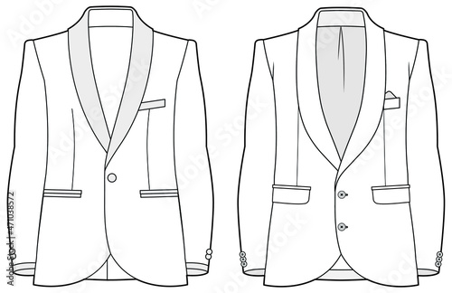 Shawl collar dinner jacket, set of long sleeve blazer suit flat sketch vector illustration
