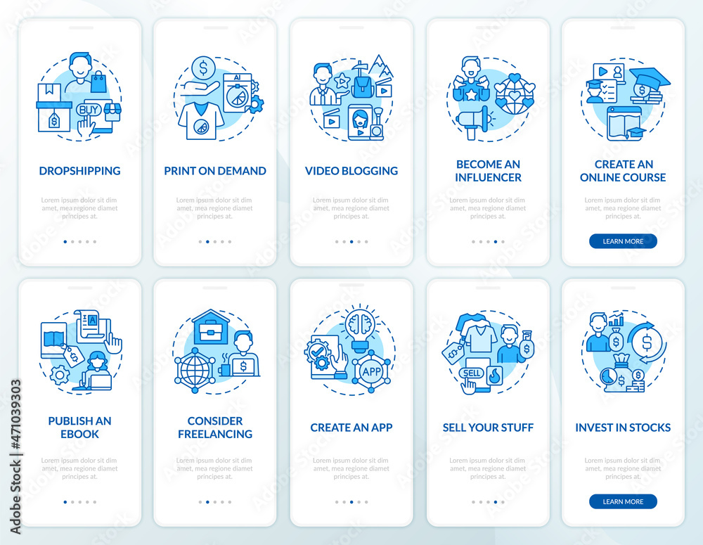 Earning money online onboarding mobile app page screen set. Dropshipping walkthrough 5 steps graphic instructions with concepts. UI, UX, GUI vector template with linear color illustrations