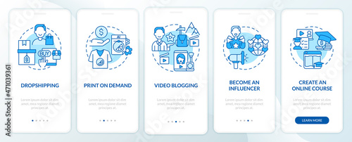 Ways to earn money online onboarding mobile app page screen. Video blogging walkthrough 5 steps graphic instructions with concepts. UI, UX, GUI vector template with linear color illustrations