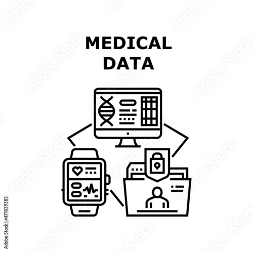 Medical Data Vector Icon Concept. Medical Data Base And Patient Disease Archive Document, Laboratory Digital Research On Computer Screen And Fitness Bracelet With Health Information Black Illustration photo