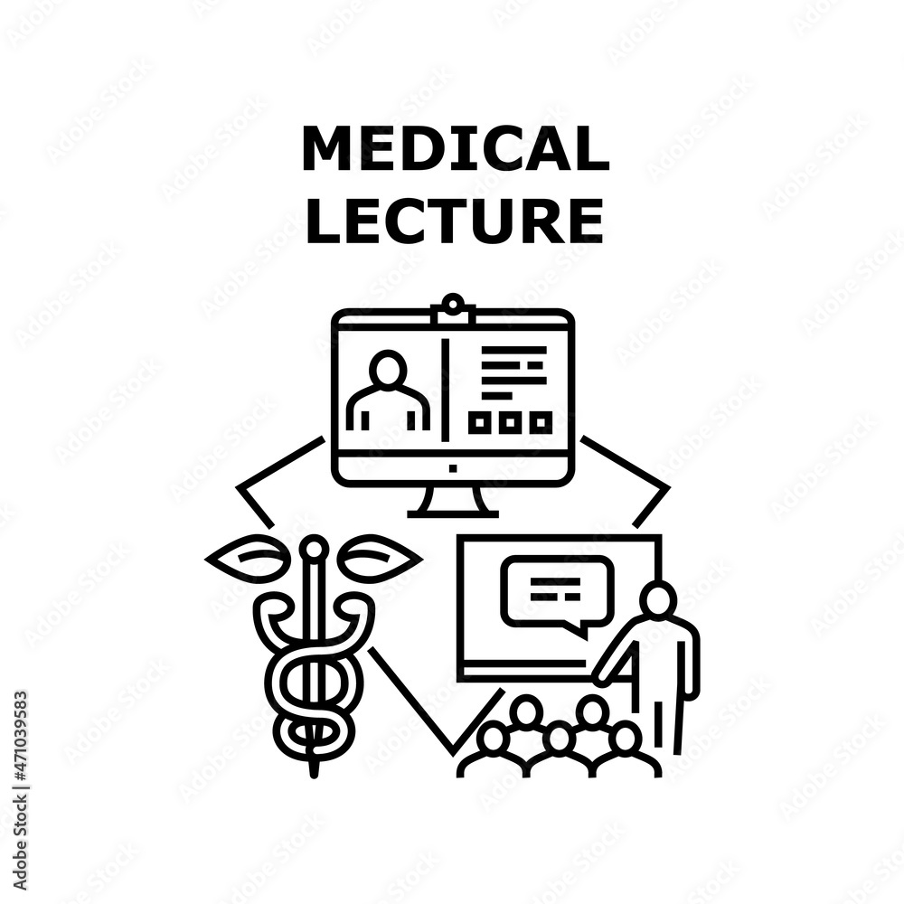 Medical Lecture Vector Icon Concept. Professor Reading Medical Lecture On University Educational Lesson And Remote Education Internet Video Call. Medicine Learning Black Illustration