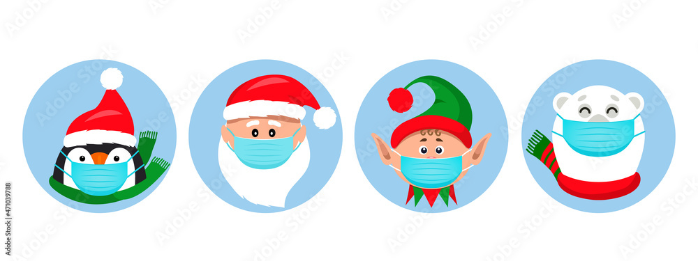 set of christmas pandemic stickers. Santa Claus, penguin, elf, polar bear in medical protective masks.