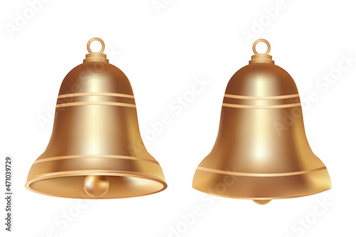 Two volumetric realistic golden Christmas bell isolated on white background