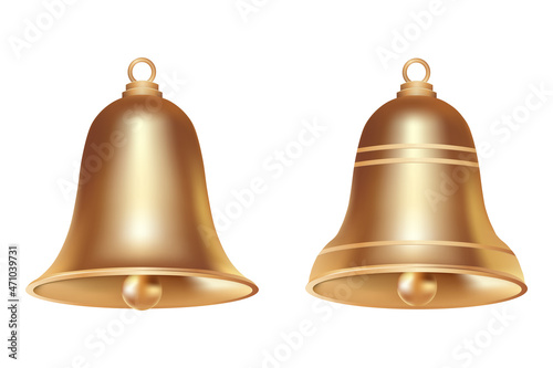 Two volumetric realistic golden Christmas bell isolated on white background