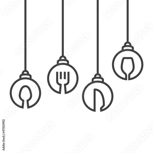 Banner con siluetas de bolas de navidad colgadas con cubiertos y copa de vino en color gris para su uso en invitaciones y tarjetas de felicitación