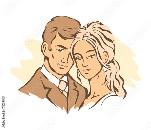 Portrait of the bride and groom. Beautiful newlywed couple. Template for decorating wedding cards and invitations. Vector illustration outline. Hand drawn sketch