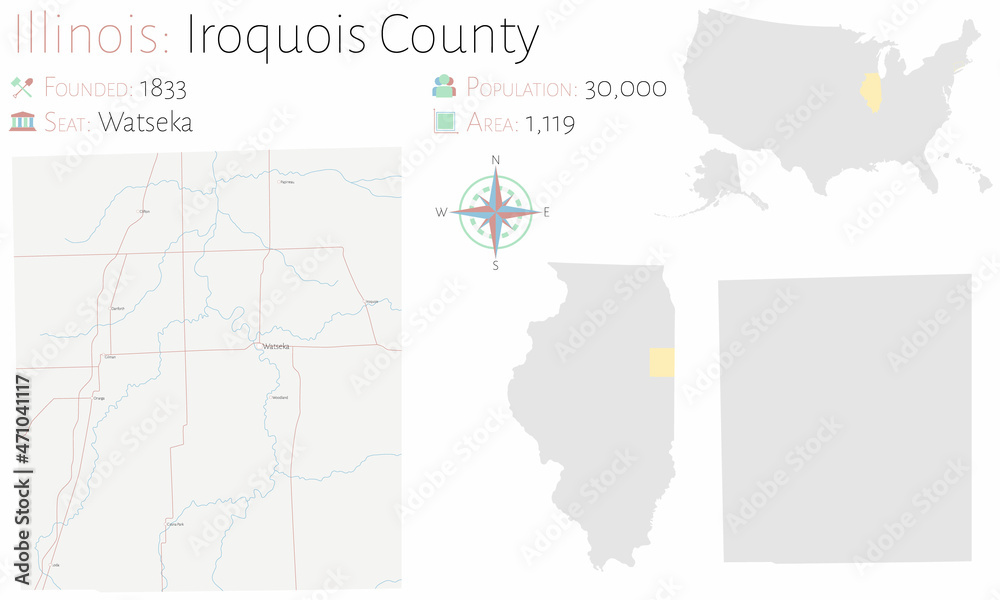 Map on an old playing card of Iroquois county in Illinois, USA.