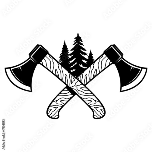 Crossed lumberjack axes with wood cut. Design element for logo, emblem, sign, poster, t shirt. Vector illustration