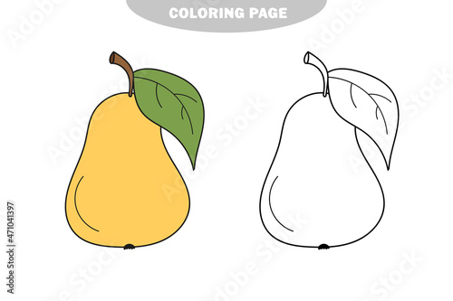 Simple coloring page. Funny pear to be colored. Coloring book to educate kids. Learn colors. Color and black and white version