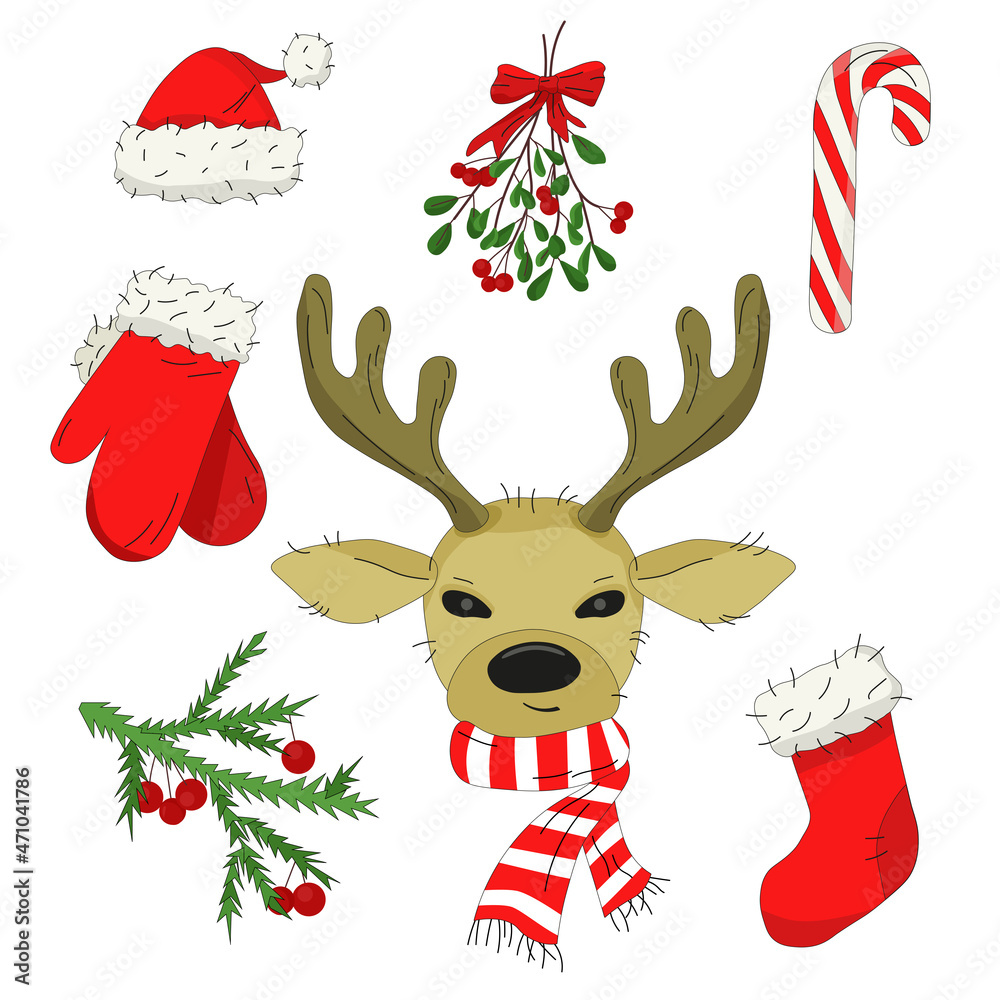 Deer, mistletoe and a santa hat on a white background