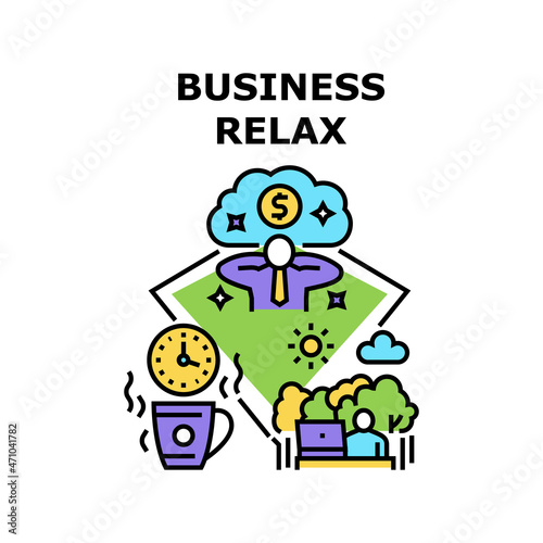 Business Relax Vector Icon Concept. Business Relax And Vacation After High Work And Job. Manager Relaxing In Nature And Drinking Drink At Coffee Break Time. Holiday Enjoying Color Illustration