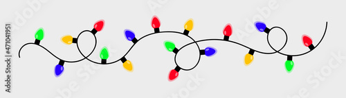 Christmas light set. Colorful string fairy lights. Lightbulb glowing garland line. Cartoon holiday festive xmas decoration. Rainbow color. Different shape. Flat design. Isolated. White background.