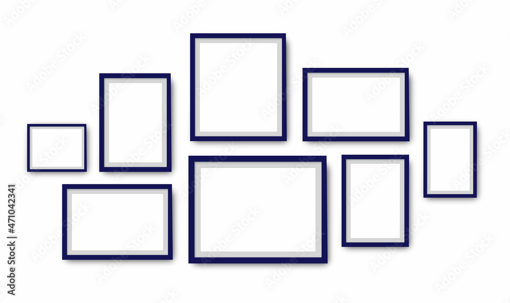 Photo frame on wall. Picture frame set. Blank pictures. Photo frame. Vector isolated picture frame mockup with shadow on transparent background. Poster frame mockup. Stock vector.	
