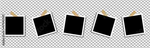 Photo frame on wall. Picture frame set. Blank pictures. Photo frame. Vector isolated picture frame mockup with shadow on transparent background. Poster frame mockup. Stock vector.	
