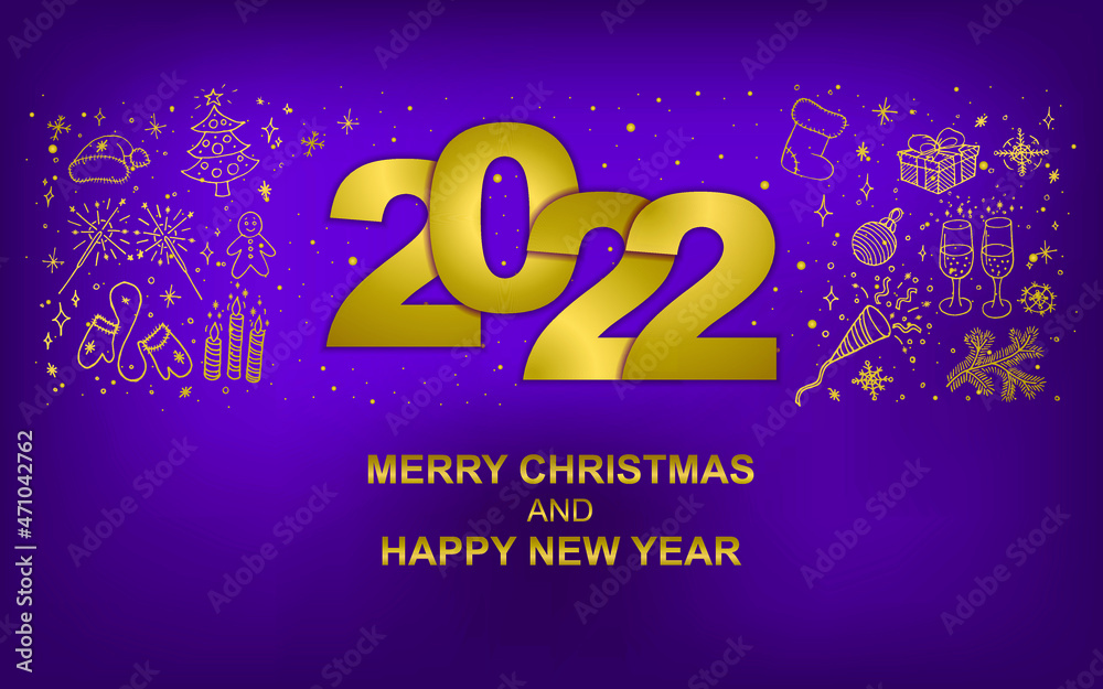 2022 Velvet Violet Christmas card with golden icons. Merry Christmas and Happy New Year text with Snowflakes, lettering for greeting cards, banners, posters, isolated vector illustration 2022 Velvet Violet Christmas card with golden icons. Merry Christmas and Happy New Year text with Snowflakes, lettering for greeting cards, banners, posters, isolated vector illustration