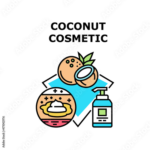 Coconut Cosmetic Vector Icon Concept. Moisturizing And Skincare Lotion And Soap Bottle With Pump, Natural Coconut Cosmetic. Exotic Nut Ingredient Of Cosmetology Product Color Illustration