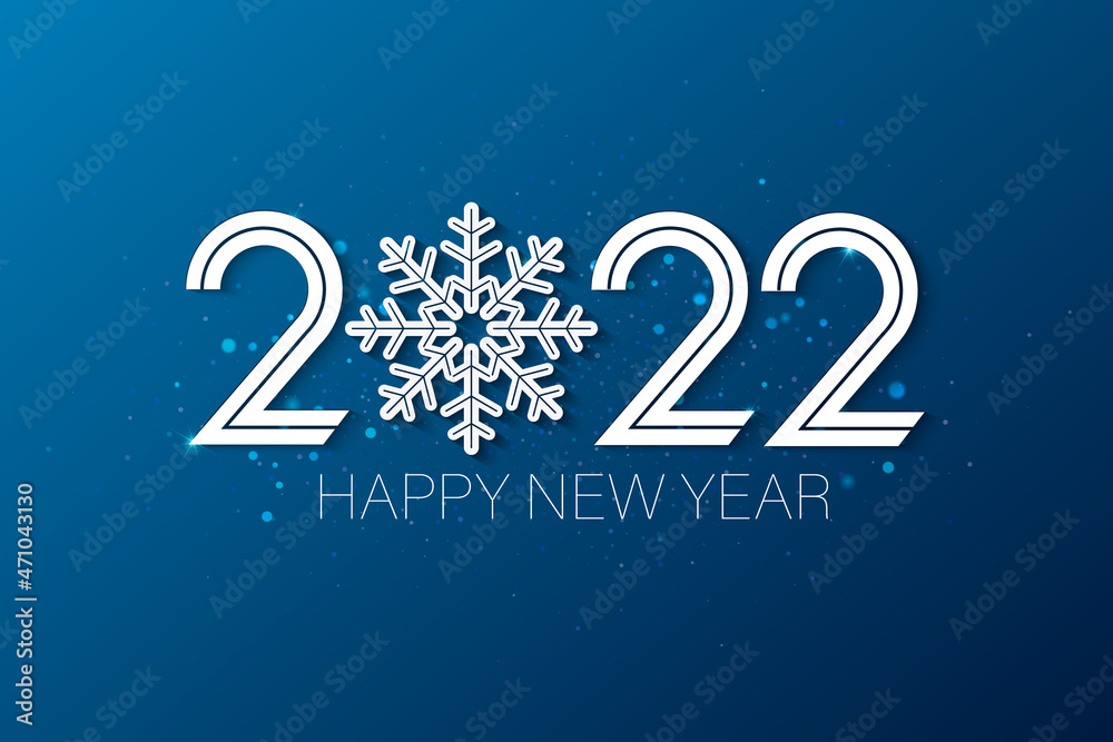 Happy New Year 2022. Creative design paper cut, of white numbers, winter snow, snowflakes, isolated text. Blue background. Futuristic, logo 2022. Elements for calendar and greeting Christmas cards
