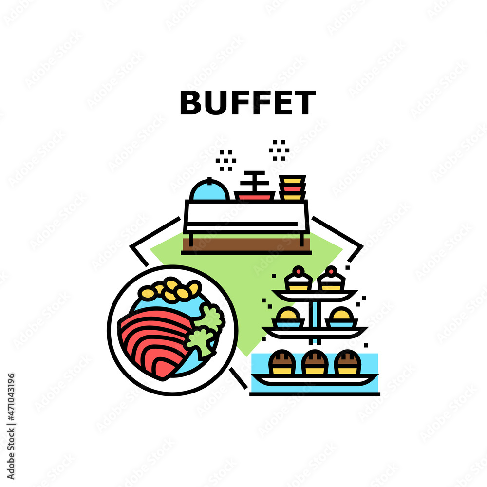 Buffet Food Vector Icon Concept. Meat And Vegetable Delicious Meal Plate, Cookies And Cakes Buffet Food. Catering Service Tasty Dish And Dessert. Cooked Lunch And Dinner Color Illustration