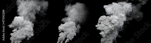 3 white toxic smoke columns from masut power plant on black, isolated - industrial 3D illustration