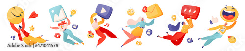 Vector illustration with joyful smiling characters in flat cartoon style. Concept of PR, advertising, marketing on Internet and social networks. People flying and holding emoji and social media icons