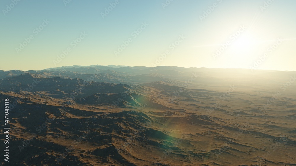 beautiful view from an exoplanet, a view from an alien planet, a computer-generated surface, a fantastic view of an unknown world, a fantasy world 3D render