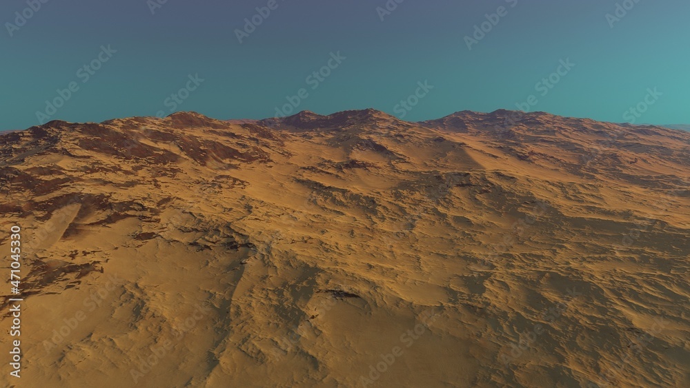 Obraz premium beautiful view from an exoplanet, a view from an alien planet, a computer-generated surface, a fantastic view of an unknown world, a fantasy world 3D render