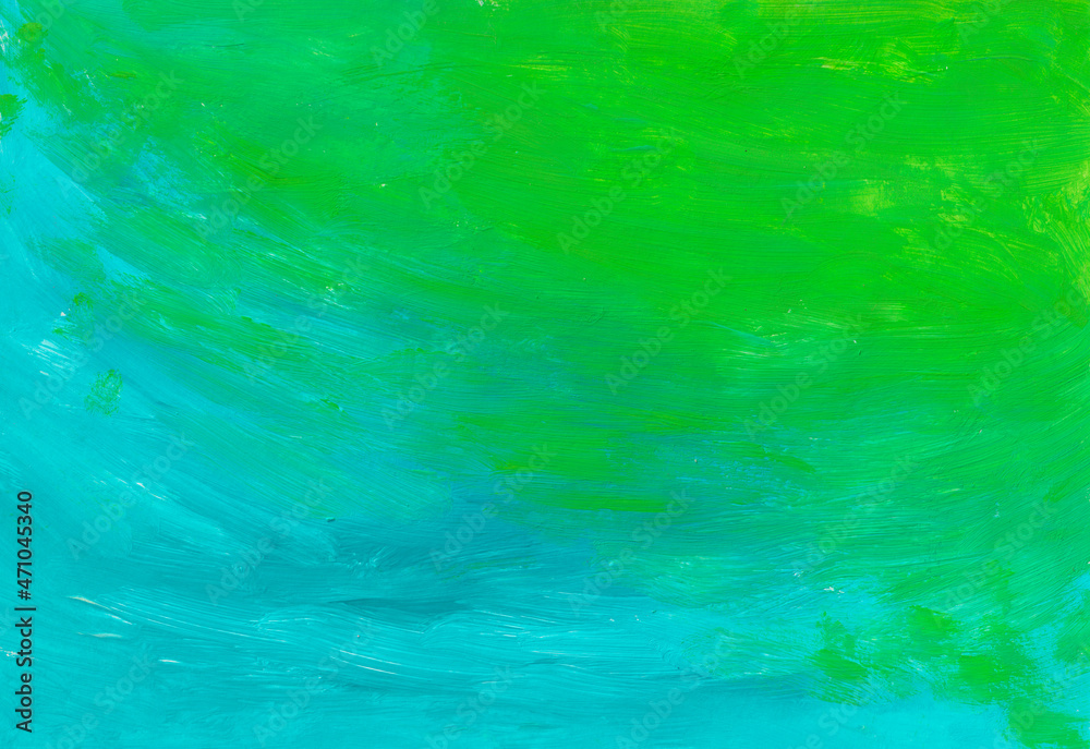 Abstract composition with a picturesque background. Textured strokes of acrylic paint on a green and blue background. Painting for your banner or design.