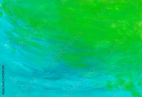 Abstract composition with a picturesque background. Textured strokes of acrylic paint on a green and blue background. Painting for your banner or design.