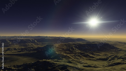 beautiful view from an exoplanet, a view from an alien planet, a computer-generated surface, a fantastic view of an unknown world, a fantasy world 3D render