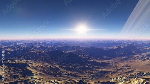 beautiful view from an exoplanet  a view from an alien planet  a computer-generated surface  a fantastic view of an unknown world  a fantasy world 3D render