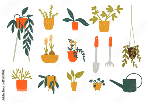 Houseplants in pots, different green plants and care tools. Urban jungle collection. Vector flat doodle illustration set.