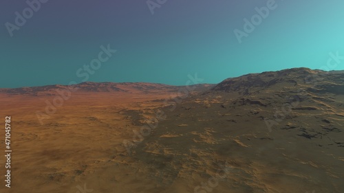 beautiful view from an exoplanet, a view from an alien planet, a computer-generated surface, a fantastic view of an unknown world, a fantasy world 3D render © ANDREI