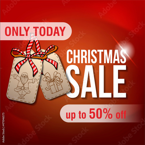 Christmas sale, up to 50% off, square red discount banner with Large letters, Christmas sybmol, tag, badge