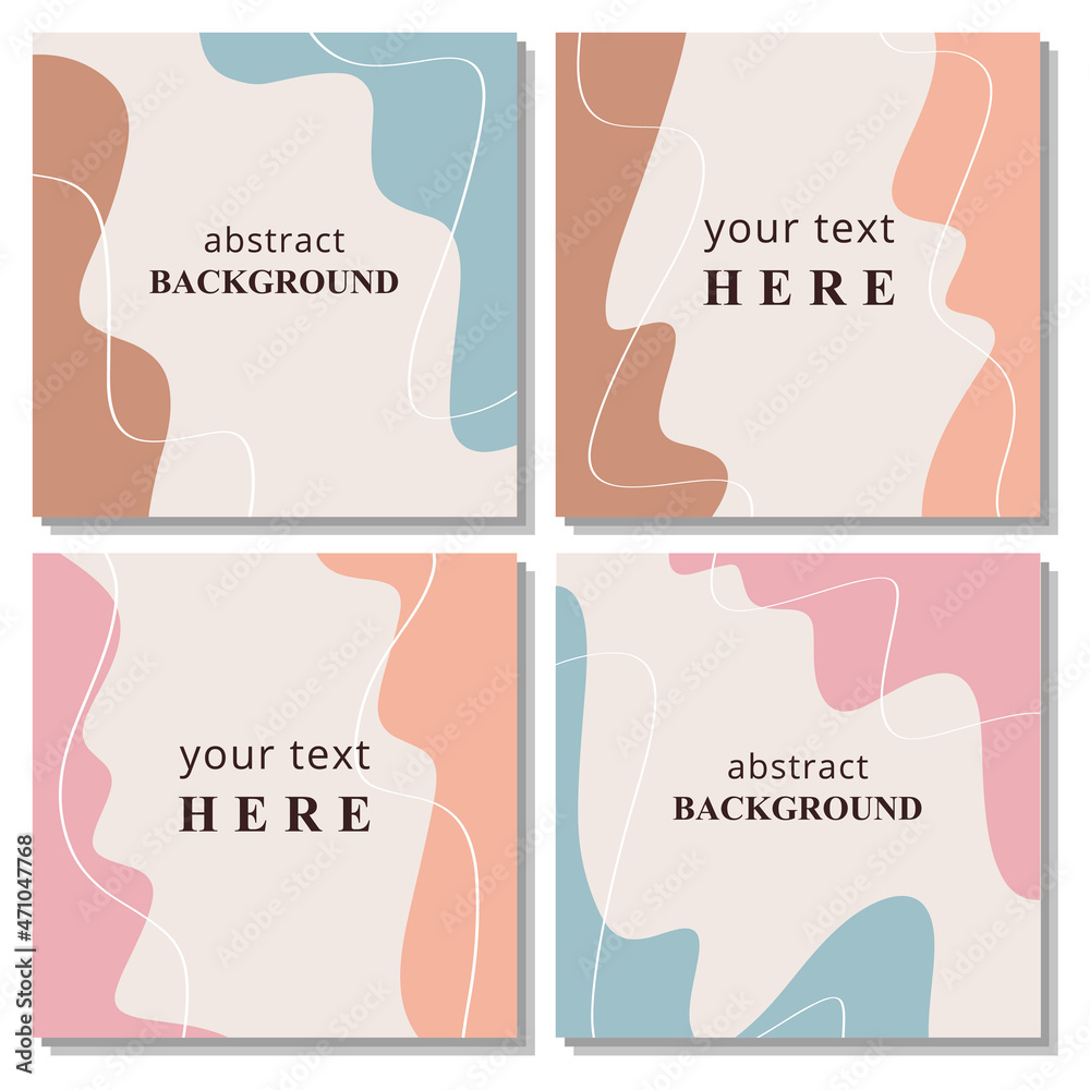 Vector set of four square abstract backgrounds. Ready design for social media, story, post. Reels template. Flat style illustration. Cover of business card, poster, flyer, brochure, invitation. Vector set of four square abstract backgrounds. Ready design for social media, story, post. Reels template. Flat style illustration. Cover of business card, poster, flyer, brochure, invitation.