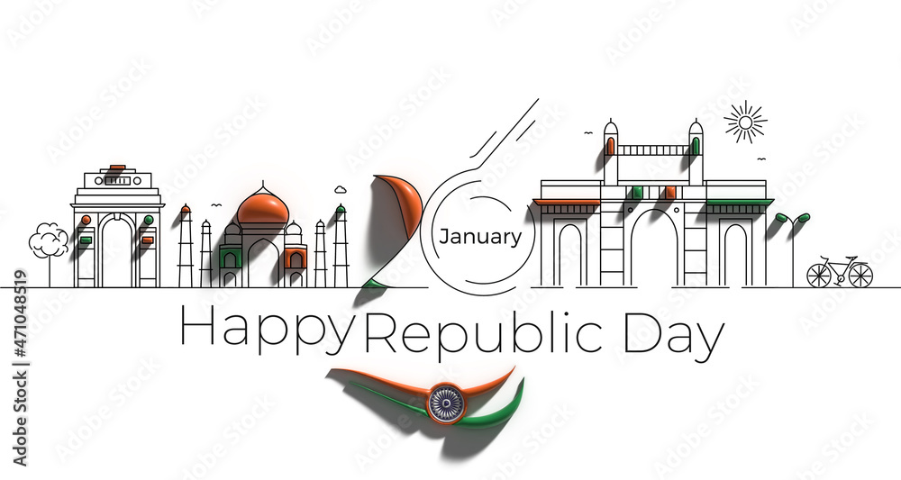 Φωτογραφία 26 january Republic day concept - India Gate Taj Mahal & Gateway Of India Mumbai,  Line art vector illustration