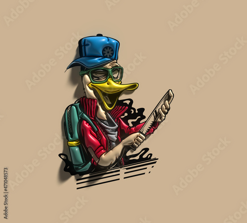 Duck thief cartoon holding knife in his hand concept for 3D t-shirt print illustration.
