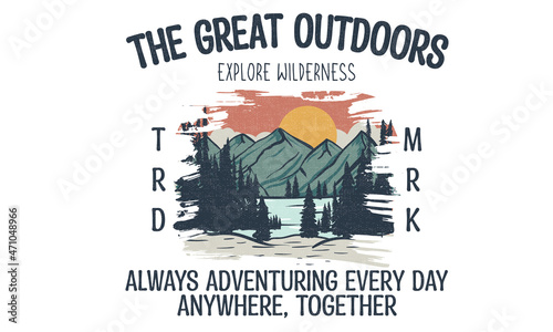 Mountain digital painting t shirt vector design. Wild lake artwork for apparel, sticker, batch, background, poster and others.	