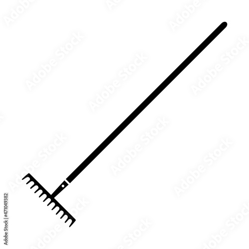 Garden rake icon. Tool for collecting fallen leaves, mown grass and loosening the ground when working in the garden and agriculture. Vector illustration isolated on white background for design and web