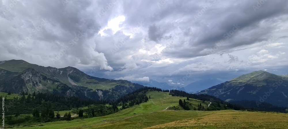 Mountain panorama of the Ratikon Alps during a hike across Austria and Switzerland.