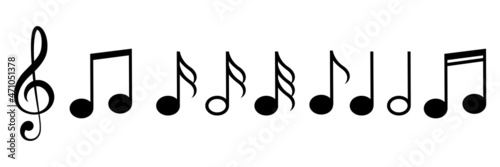 Music notes icons set. Black notes symbol on white background - stock vector.