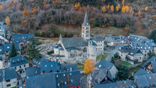 Aerial view of church of Arties, Lleida, Aran Valley, Catalonia, Spain, Europe photo